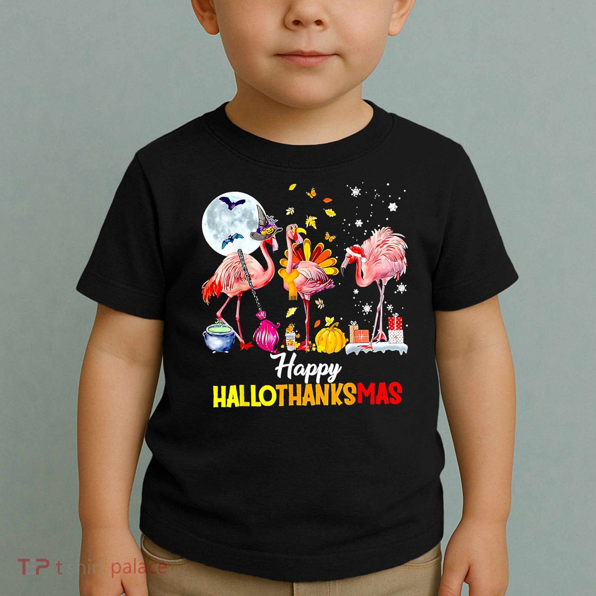 Flamingo Happy HalloThanksmas Funny Halloween Thanksgiving Toddler T-Shirt