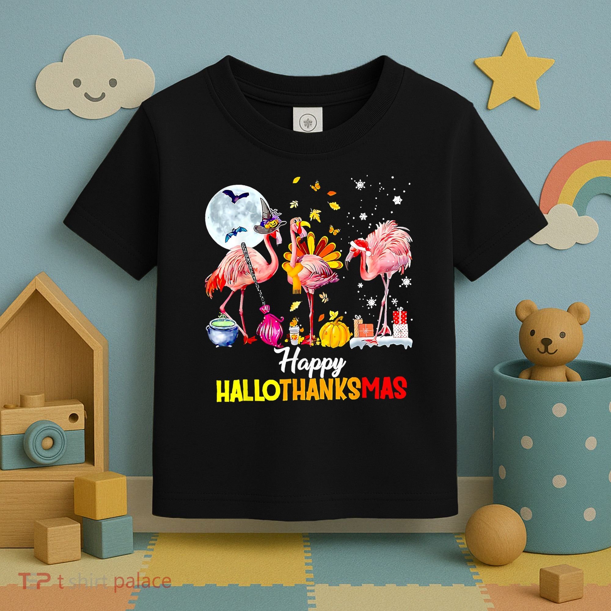 Flamingo Happy HalloThanksmas Funny Halloween Thanksgiving Toddler T-Shirt
