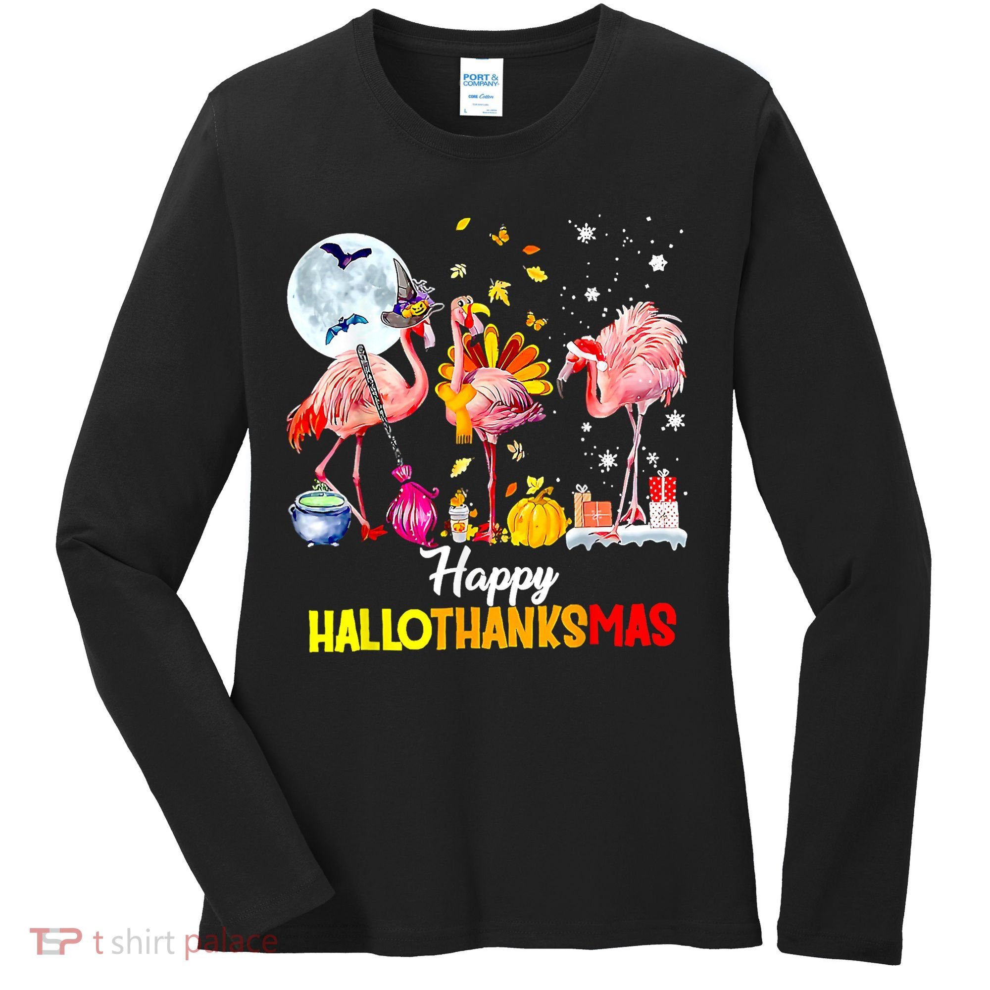 Flamingo Happy HalloThanksmas Funny Halloween Thanksgiving Women's Long Sleeve Shirt