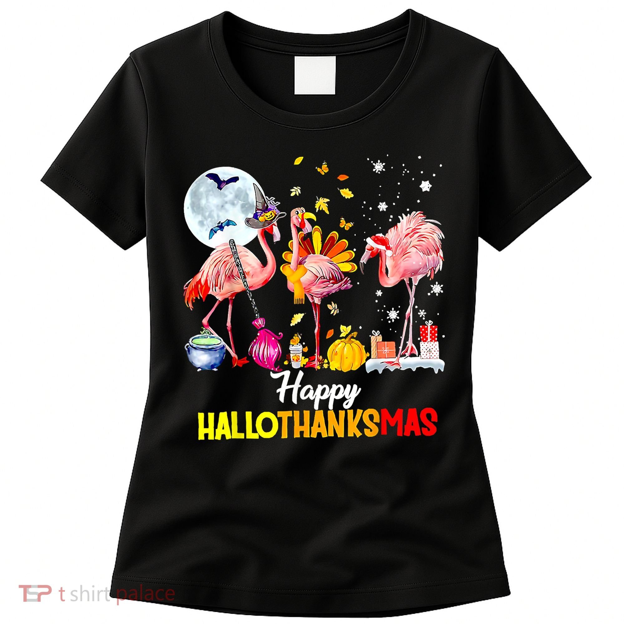 Flamingo Happy HalloThanksmas Funny Halloween Thanksgiving Women's T-Shirt