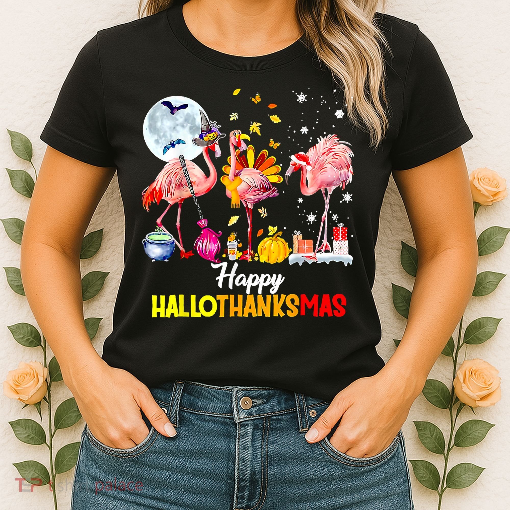 Flamingo Happy HalloThanksmas Funny Halloween Thanksgiving Women's T-Shirt