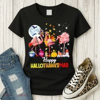 Flamingo Happy HalloThanksmas Funny Halloween Thanksgiving Women's T-Shirt thumb 3