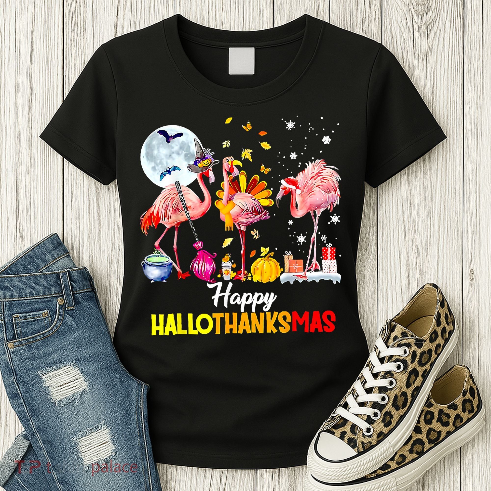 Flamingo Happy HalloThanksmas Funny Halloween Thanksgiving Women's T-Shirt