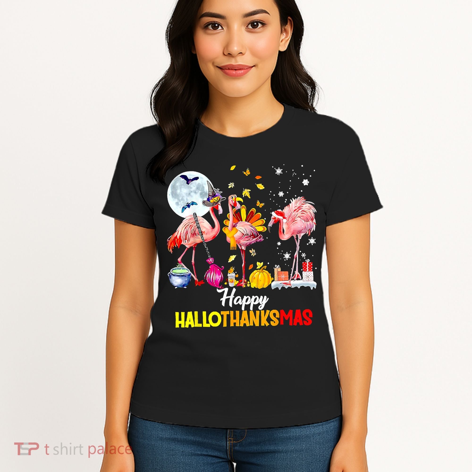 Flamingo Happy HalloThanksmas Funny Halloween Thanksgiving Women's T-Shirt