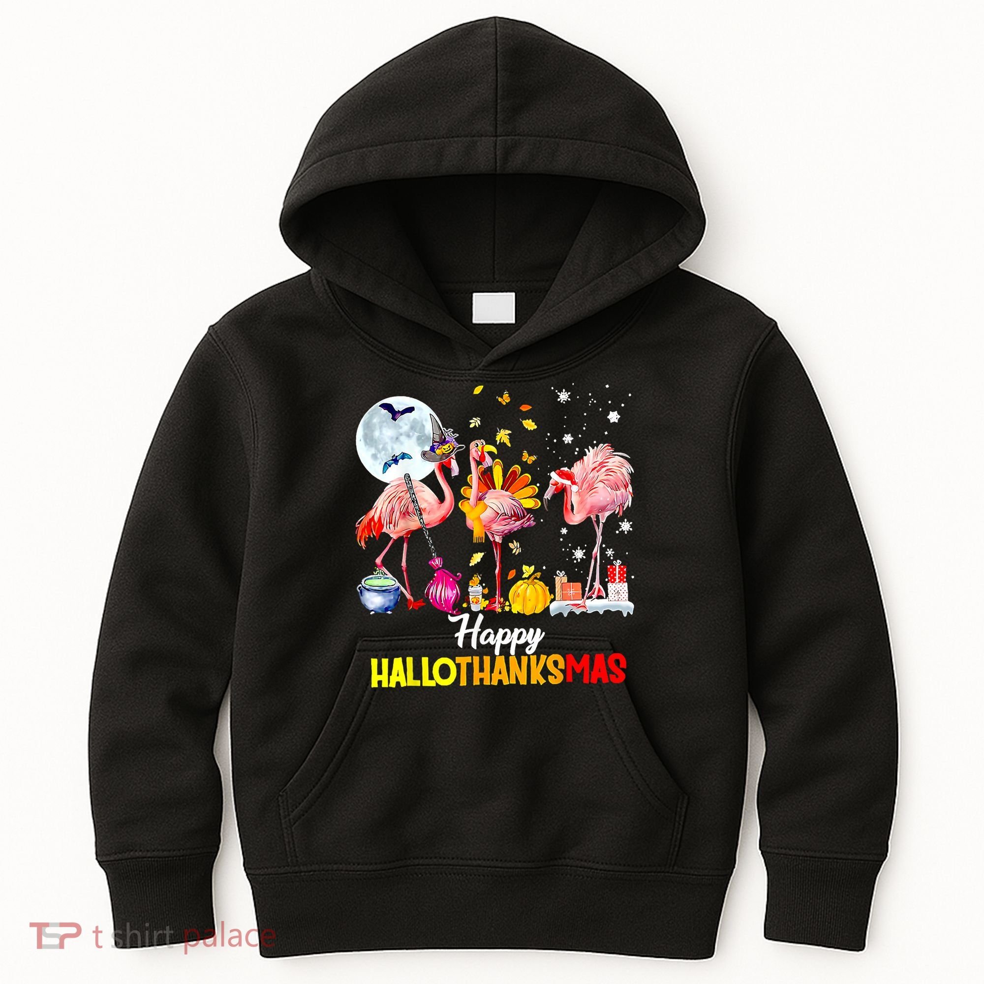 Flamingo Happy HalloThanksmas Funny Halloween Thanksgiving Kids Hoodie