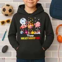 Flamingo Happy HalloThanksmas Funny Halloween Thanksgiving Kids Hoodie thumb 2