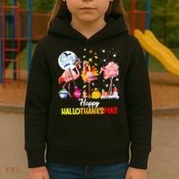 Flamingo Happy HalloThanksmas Funny Halloween Thanksgiving Kids Hoodie thumb 3