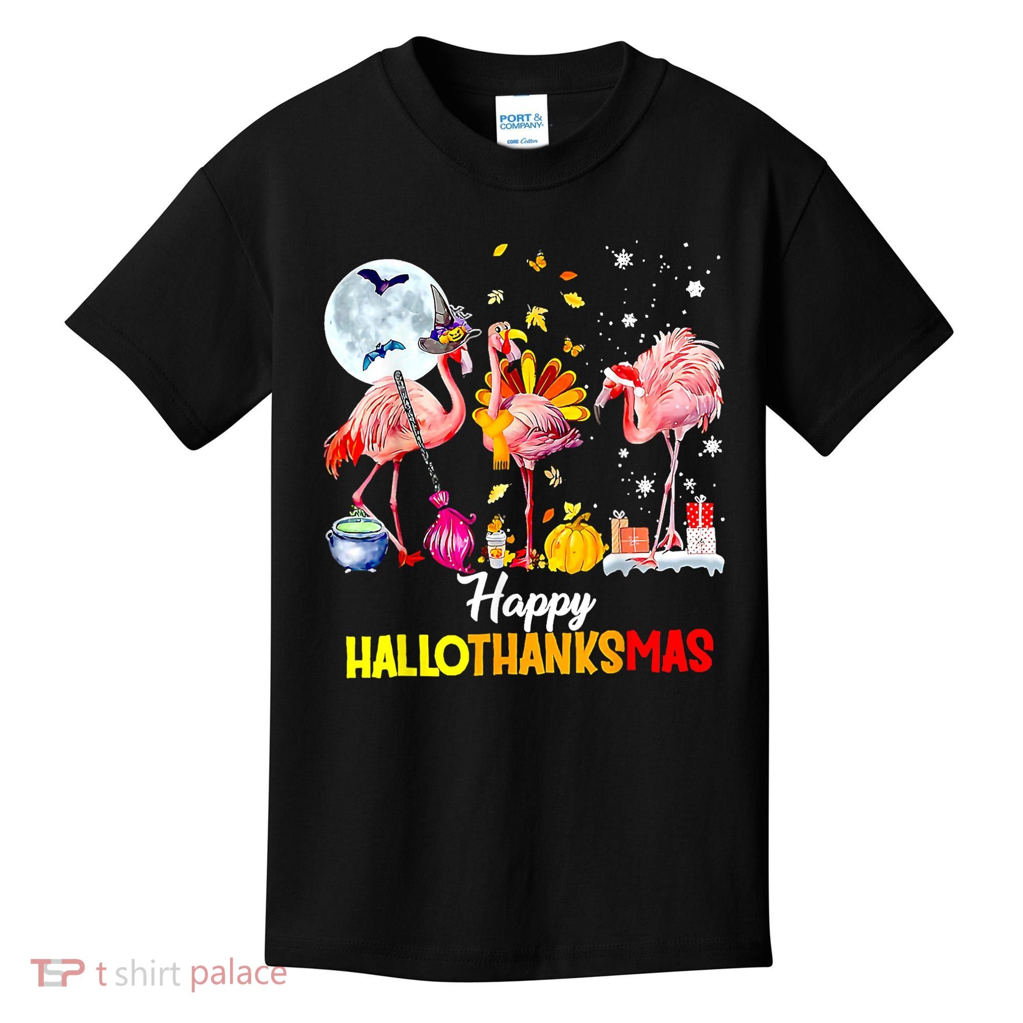 Flamingo Happy HalloThanksmas Funny Halloween Thanksgiving Kids T-Shirt