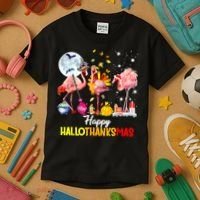 Flamingo Happy HalloThanksmas Funny Halloween Thanksgiving Kids T-Shirt thumb 3