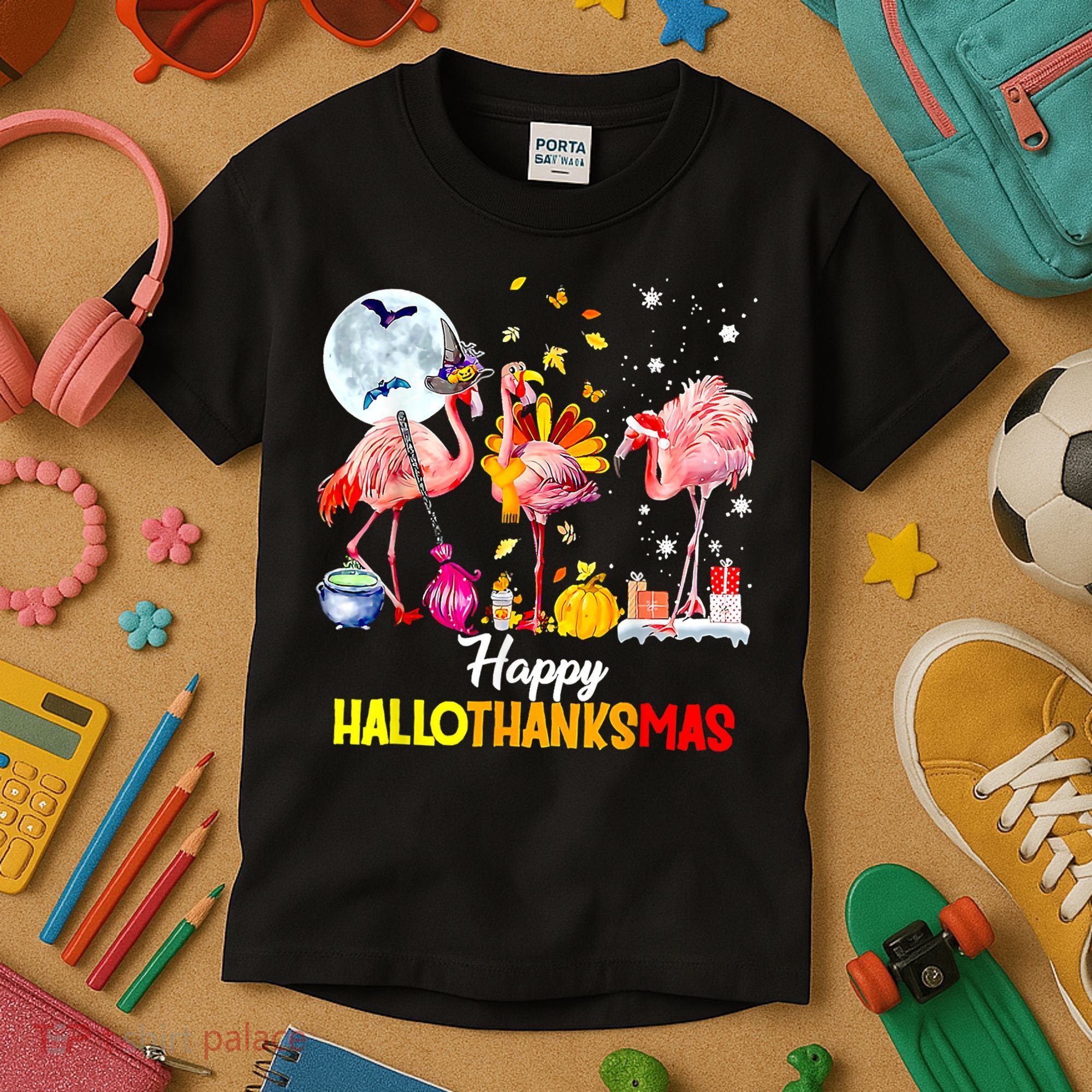 Flamingo Happy HalloThanksmas Funny Halloween Thanksgiving Kids T-Shirt
