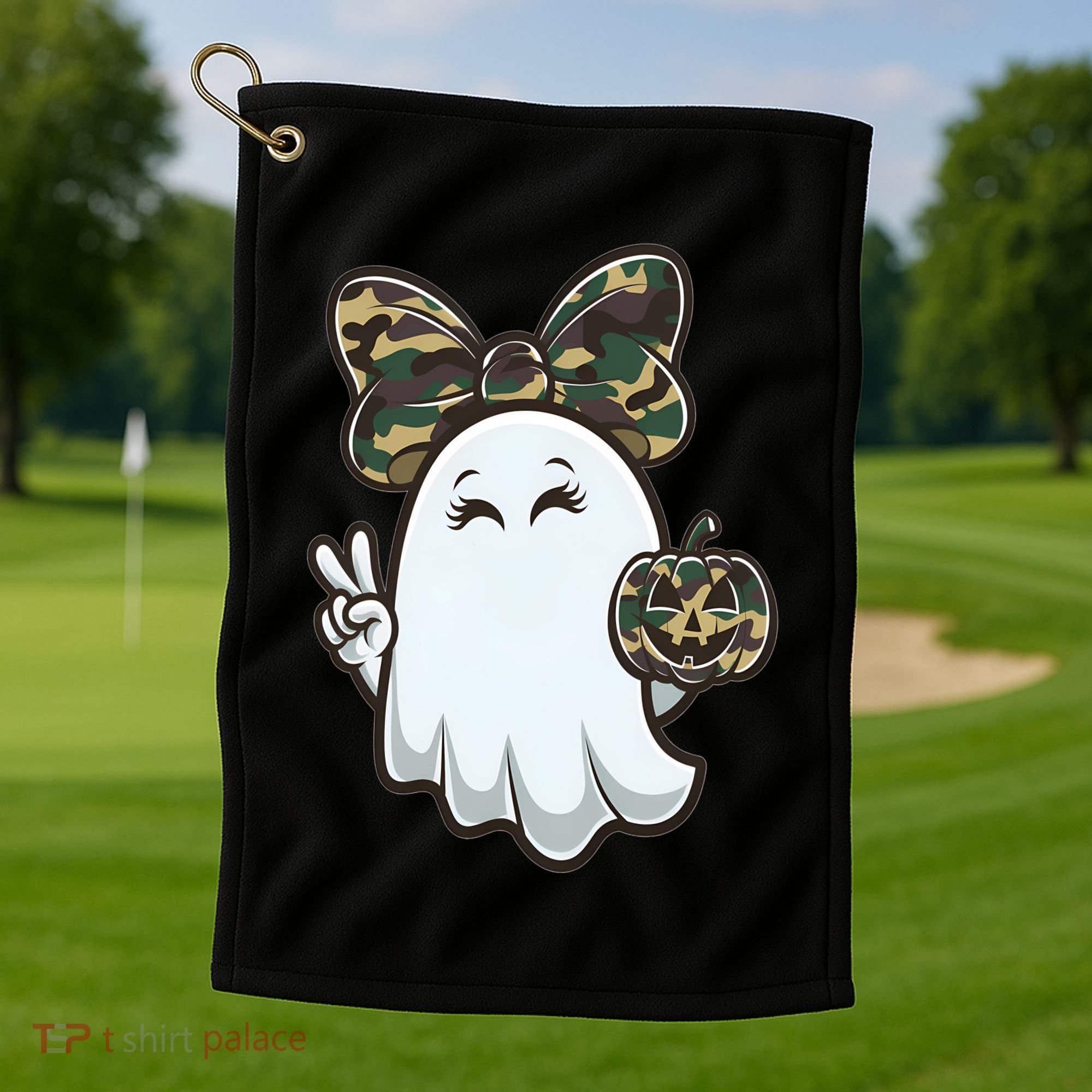 Funny Hello Hunting Season Halloween Camouflage Camo Ghost Golf Towel