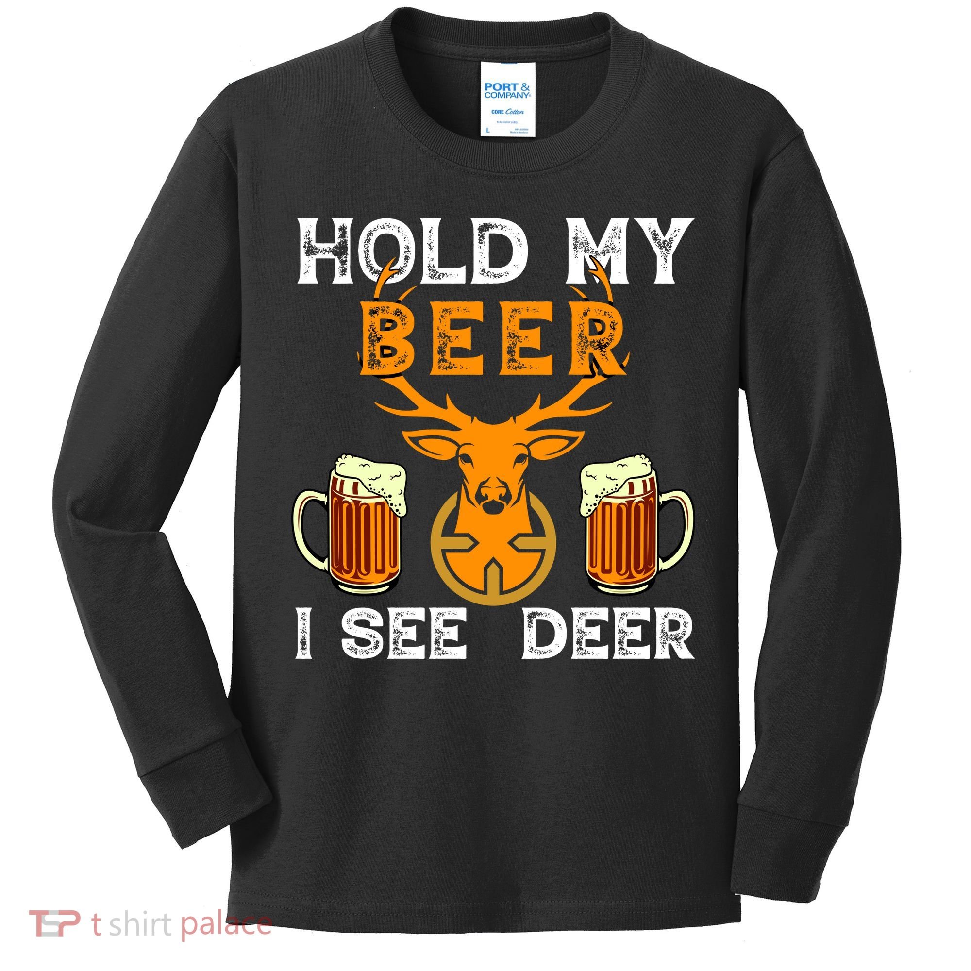 Funny Hunting Hold My Beer I See A Deer Kids Long Sleeve Shirt