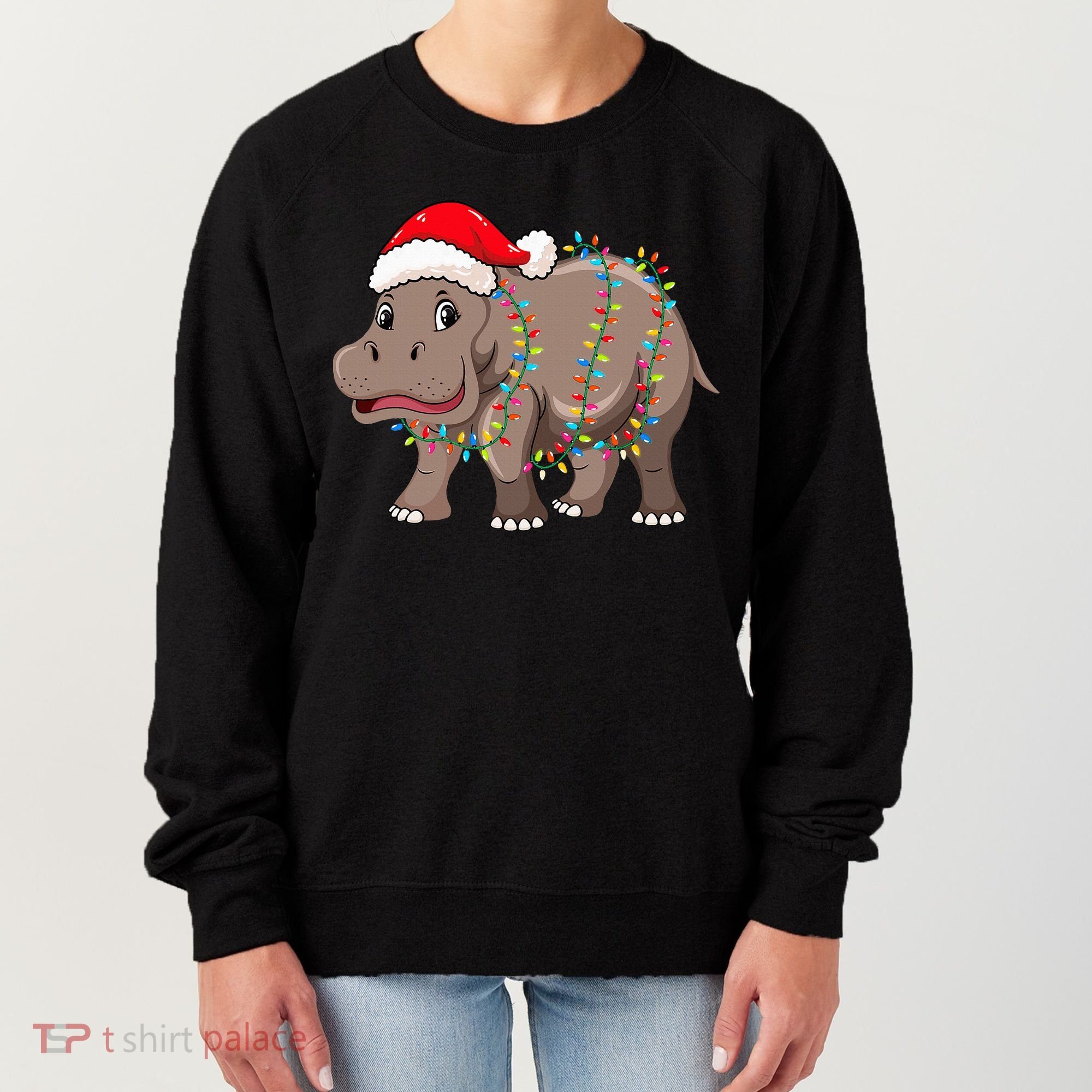 Festive Hippopotamus Hat for Christmas Lovers Women's Sweatshirt