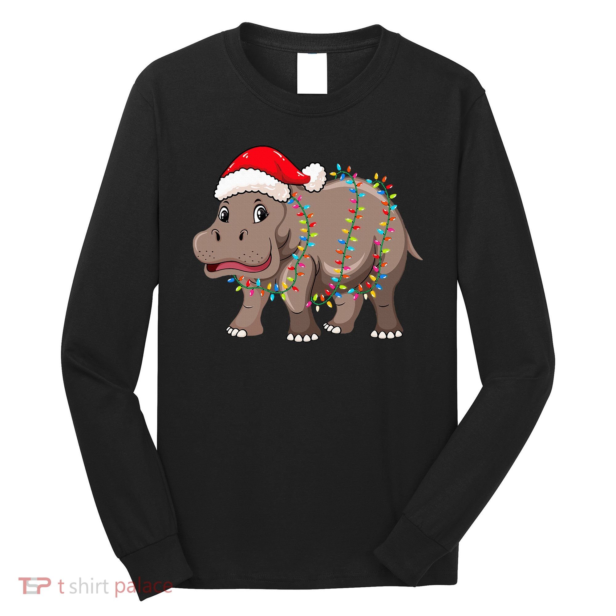 Festive Hippopotamus Hat for Christmas Lovers Long Sleeve Shirt