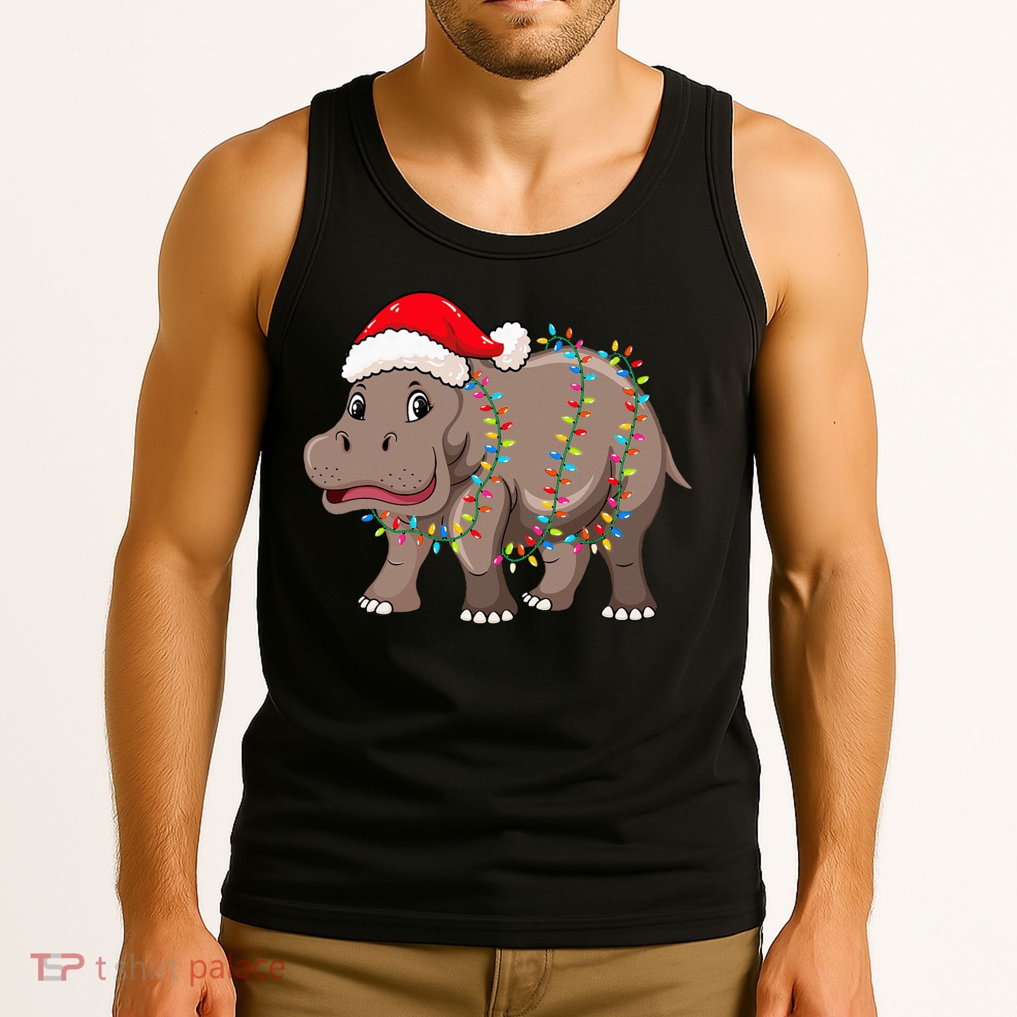 Festive Hippopotamus Hat for Christmas Lovers Tank Top
