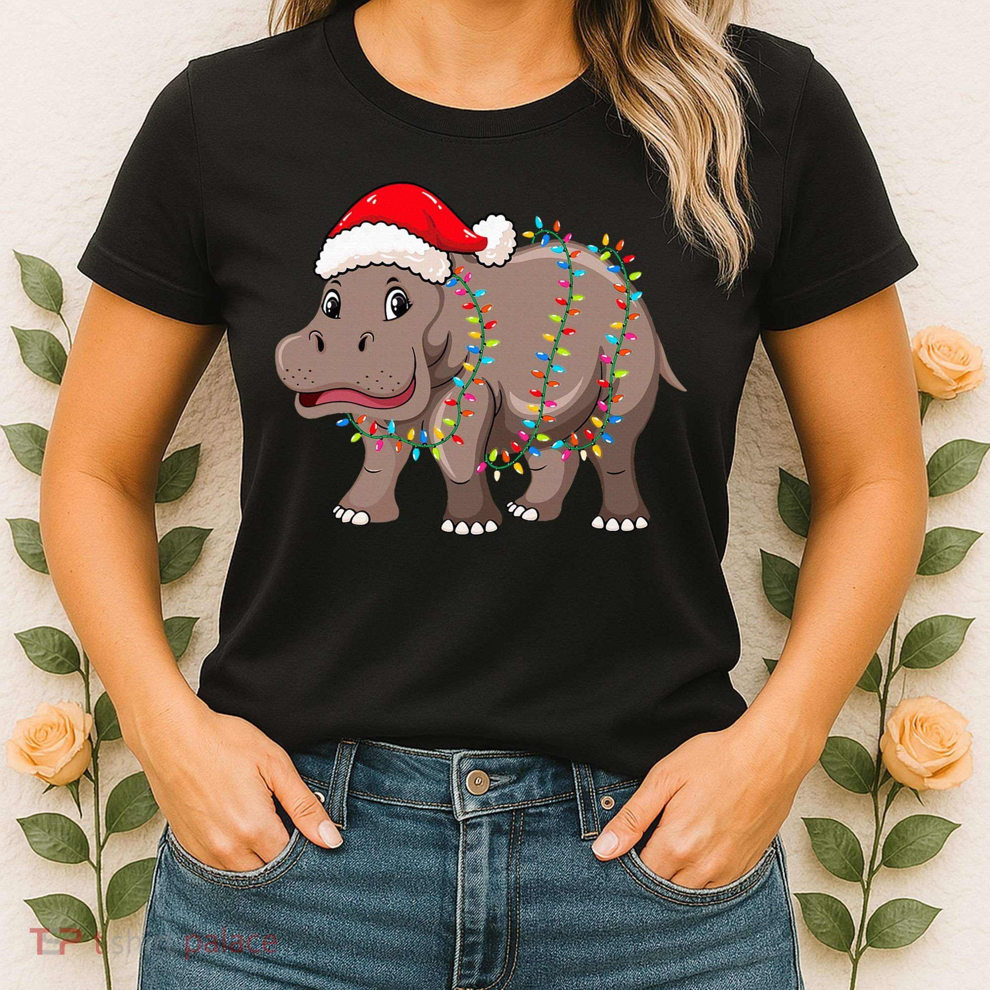 Festive Hippopotamus Hat for Christmas Lovers Women's T-Shirt
