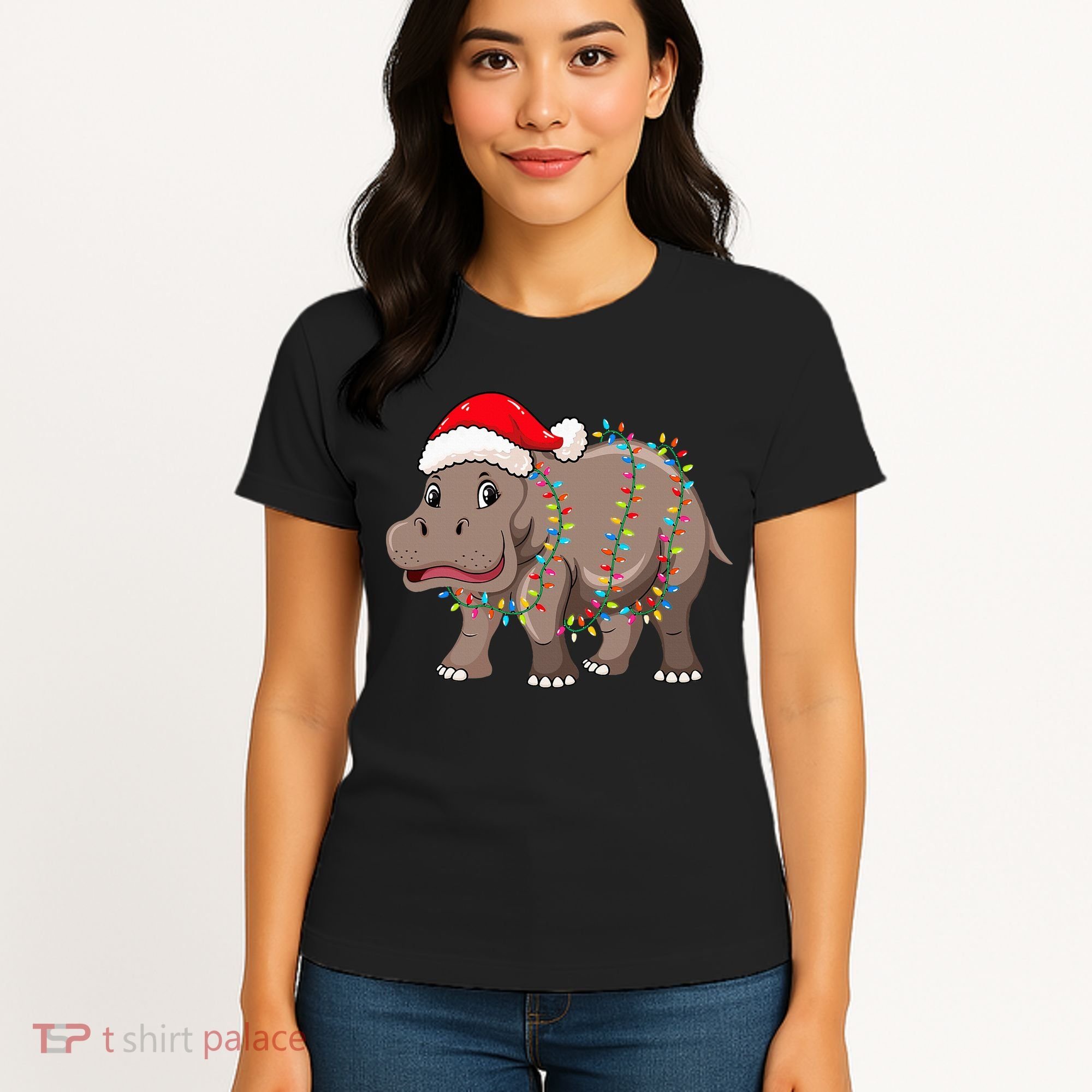 Festive Hippopotamus Hat for Christmas Lovers Women's T-Shirt