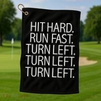 Funny Hit Hard Run Fast Turn Left Baseball Pitcher Gift Golf Towel thumb 1