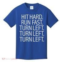 Funny Hit Hard Run Fast Turn Left Baseball Pitcher Gift Kids T-Shirt thumb 0
