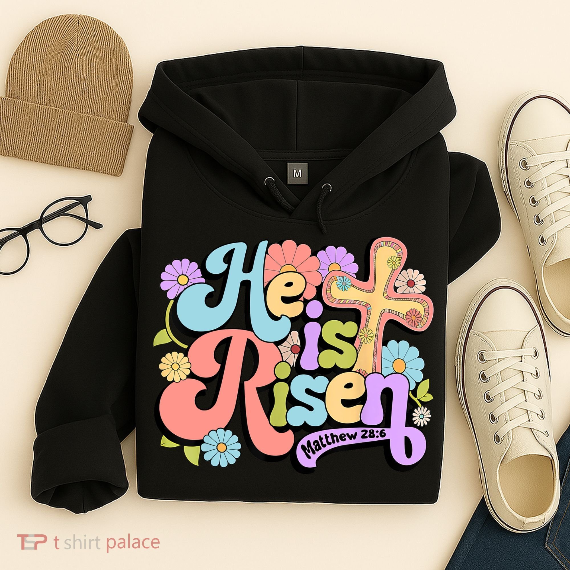 Floral He Is Risen Happy Easter Christian Bible Verse Faith  Hoodie