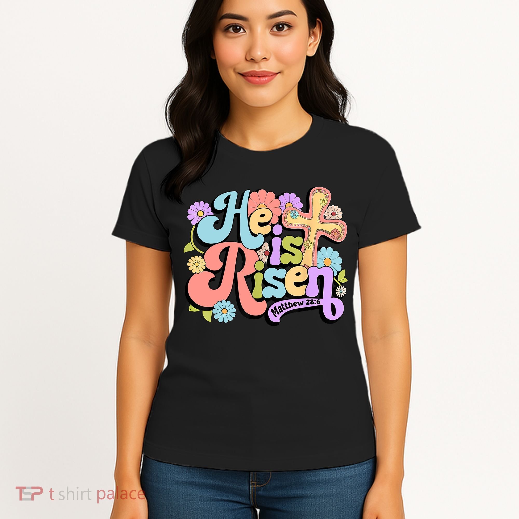 Floral He Is Risen Happy Easter Christian Bible Verse Faith  Women's T-Shirt
