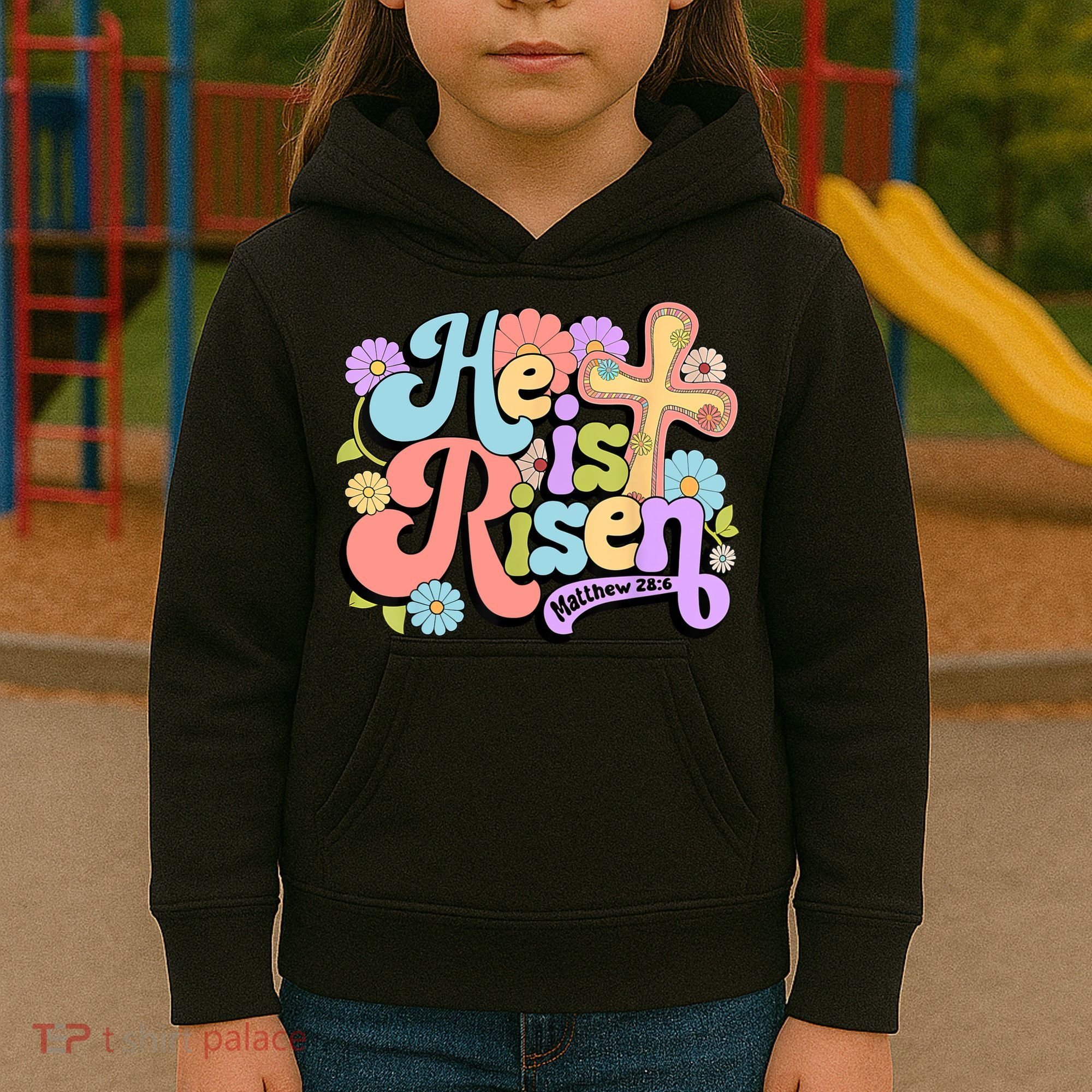 Floral He Is Risen Happy Easter Christian Bible Verse Faith  Kids Hoodie