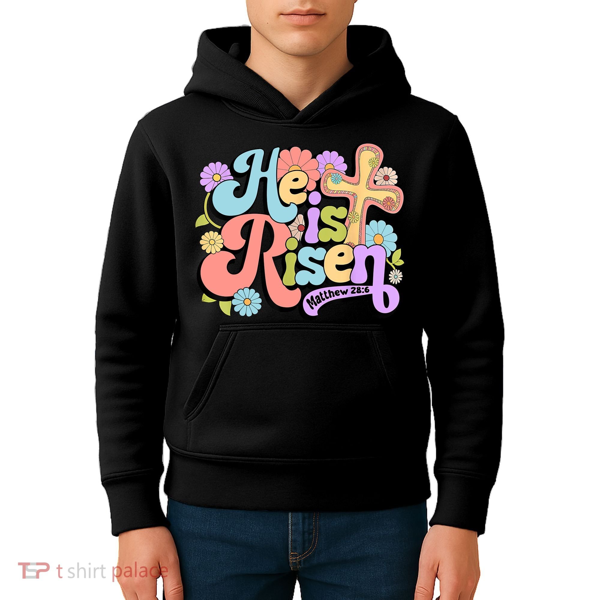 Floral He Is Risen Happy Easter Christian Bible Verse Faith  Kids Hoodie