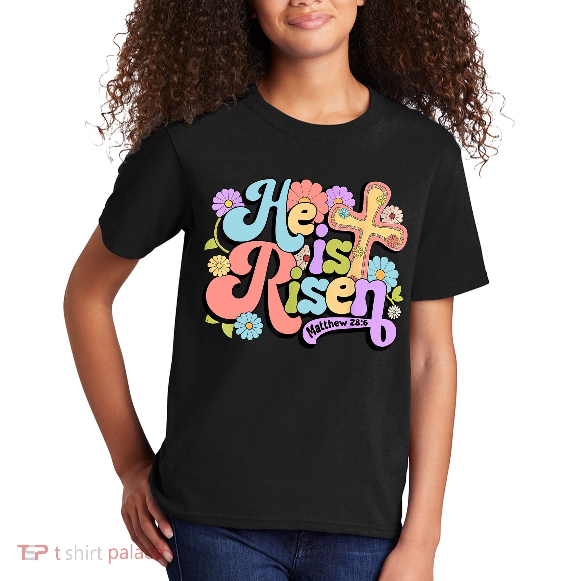 Floral He Is Risen Happy Easter Christian Bible Verse Faith  Kids T-Shirt