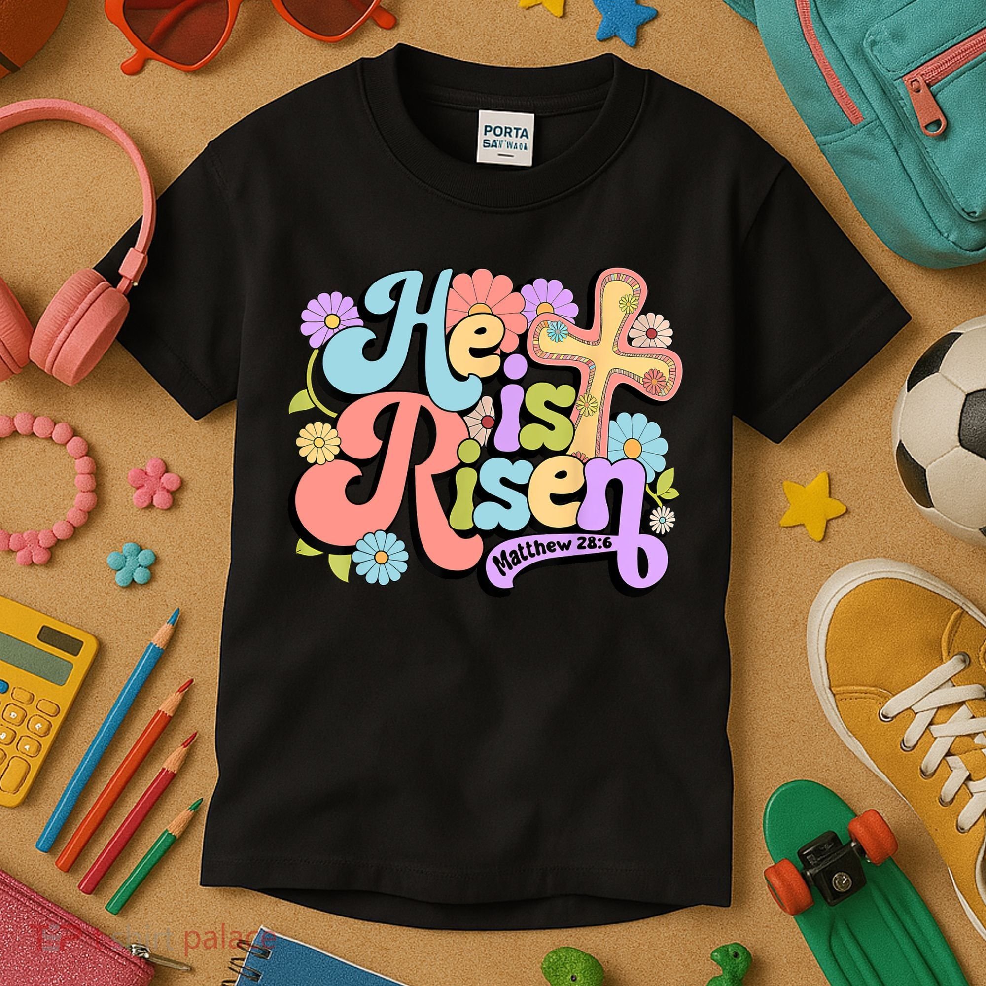 Floral He Is Risen Happy Easter Christian Bible Verse Faith  Kids T-Shirt