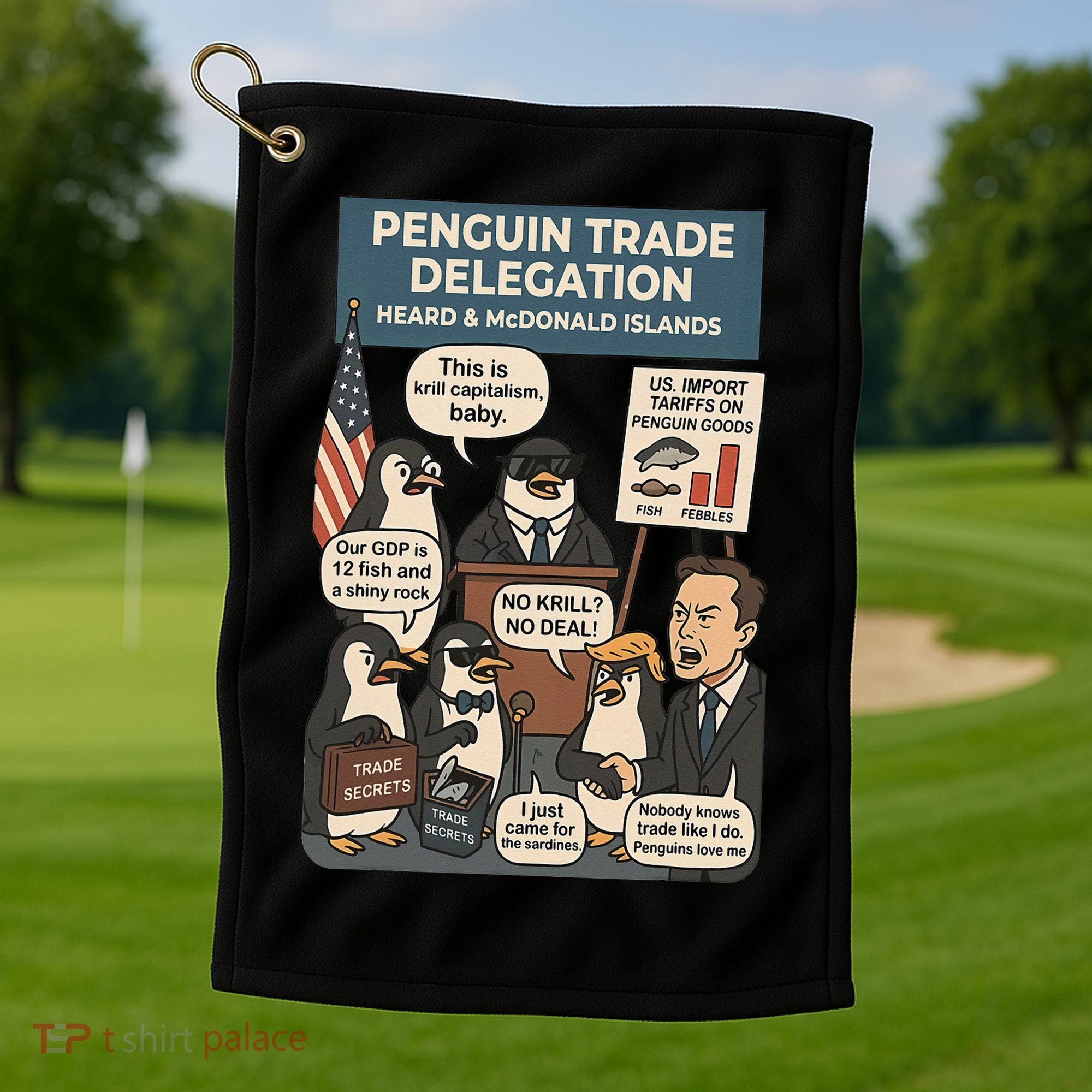 Funny Heard Island Penguins Against Tariffs Golf Towel