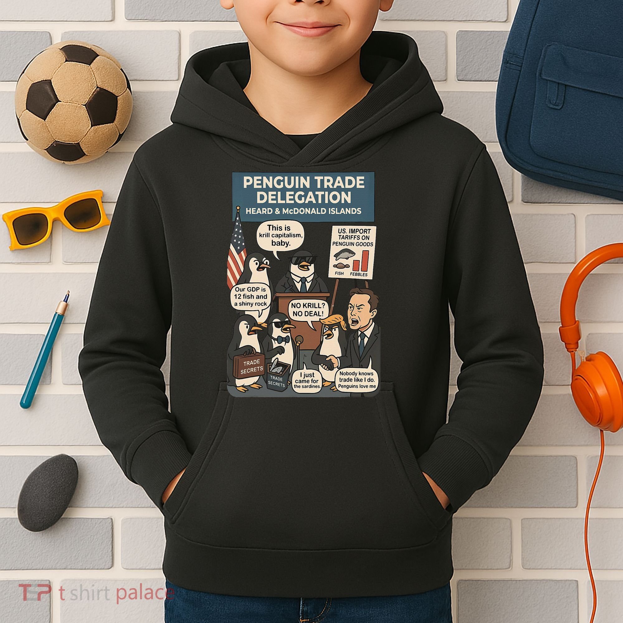 Funny Heard Island Penguins Against Tariffs Kids Hoodie