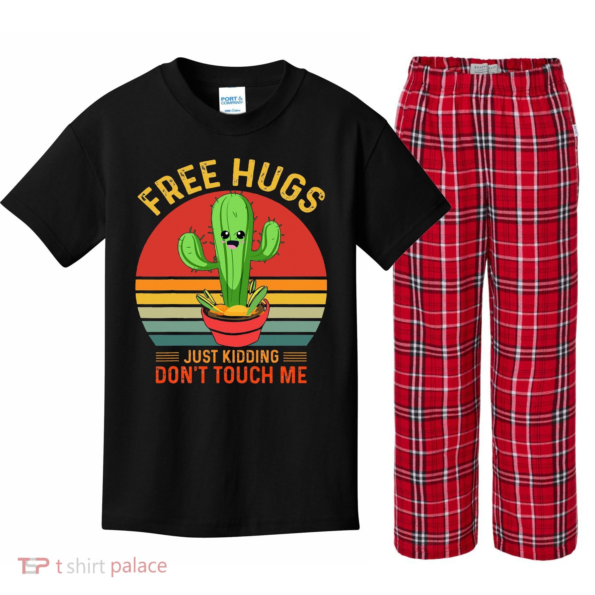 Free Hugs Just Kidding Dont Touch Me Humor Kids Plaid Pajama Set