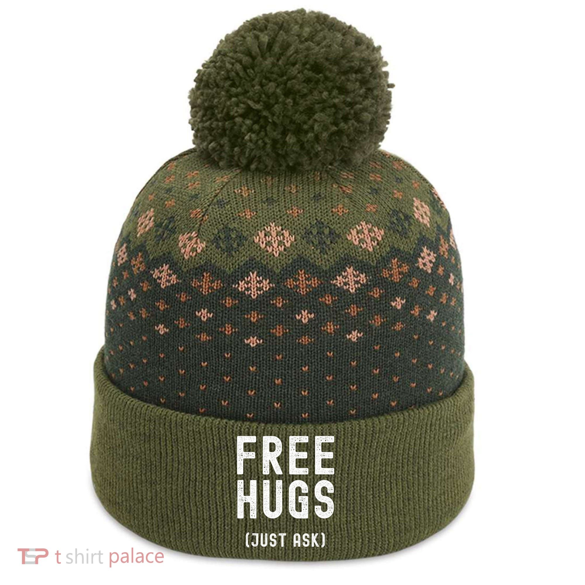 Free Hugs Just Ask The Baniff Cuffed Pom Beanie