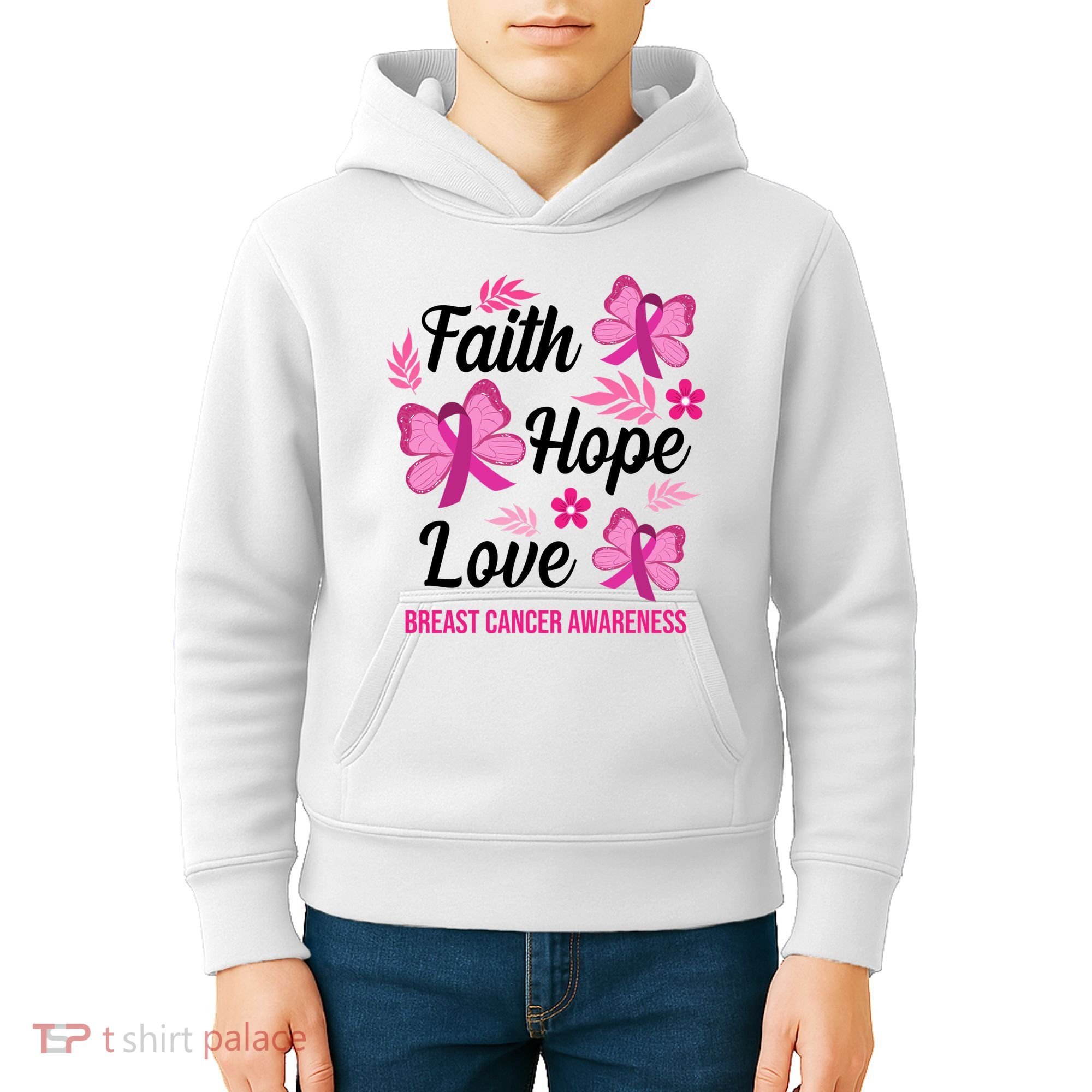 Faith Hope Love Breast Cancer Awareness Kids Hoodie