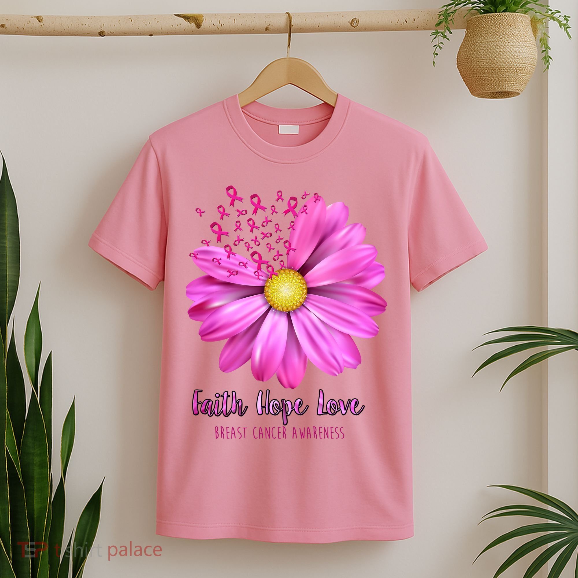 Faith Hope Love Breast Cancer Awareness Ribbon Floral T-Shirt