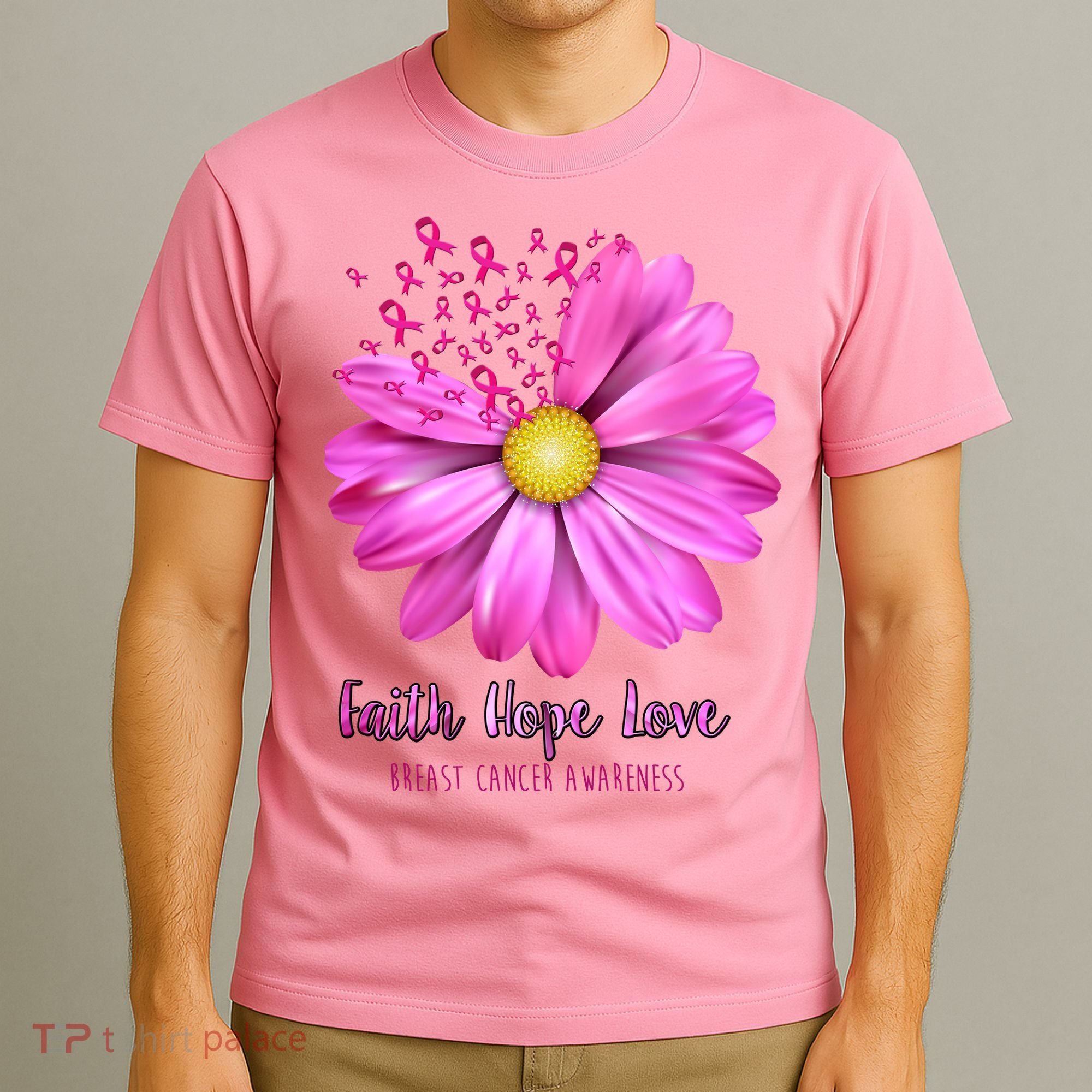 Faith Hope Love Breast Cancer Awareness Ribbon Floral T-Shirt