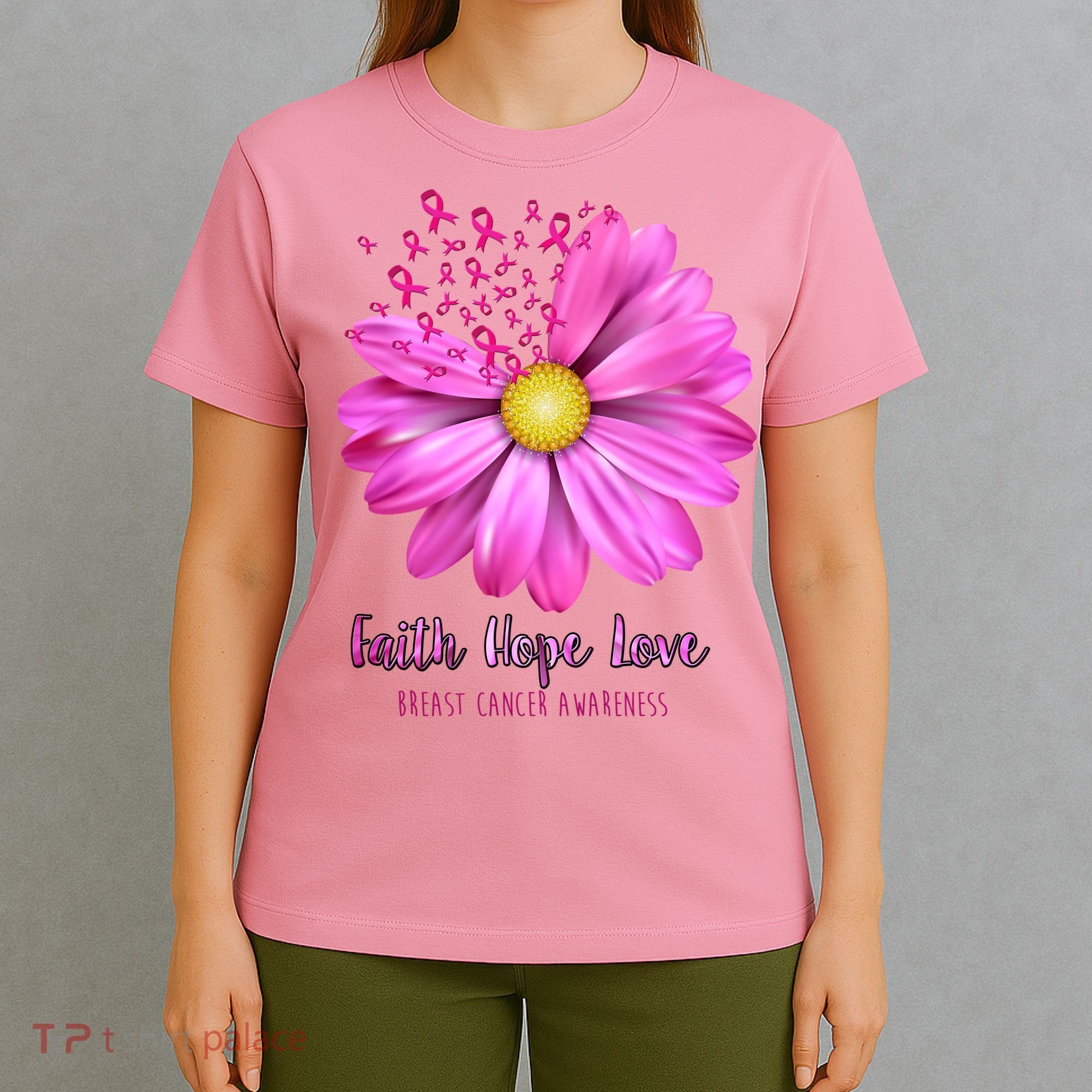 Faith Hope Love Breast Cancer Awareness Ribbon Floral T-Shirt