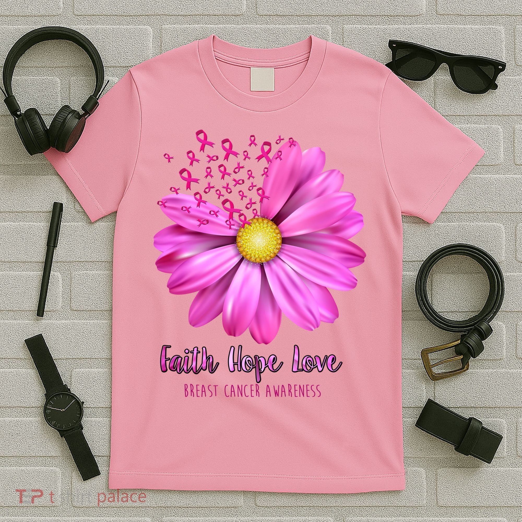 Faith Hope Love Breast Cancer Awareness Ribbon Floral T-Shirt