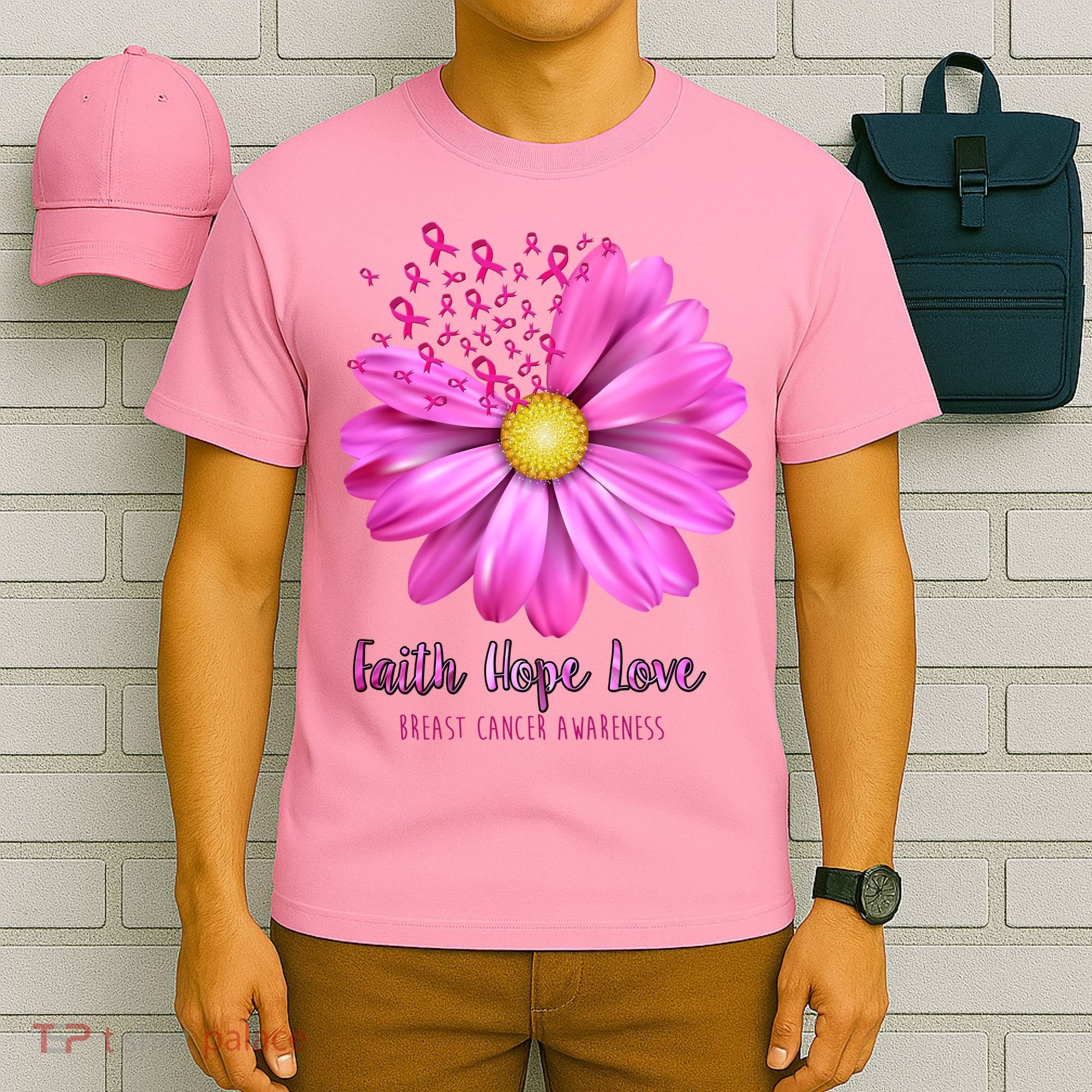 Faith Hope Love Breast Cancer Awareness Ribbon Floral T-Shirt