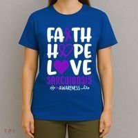 Faith Hope Love Sarcoidosis Awareness Ribbon Heart Purple Gift T-Shirt thumb 4