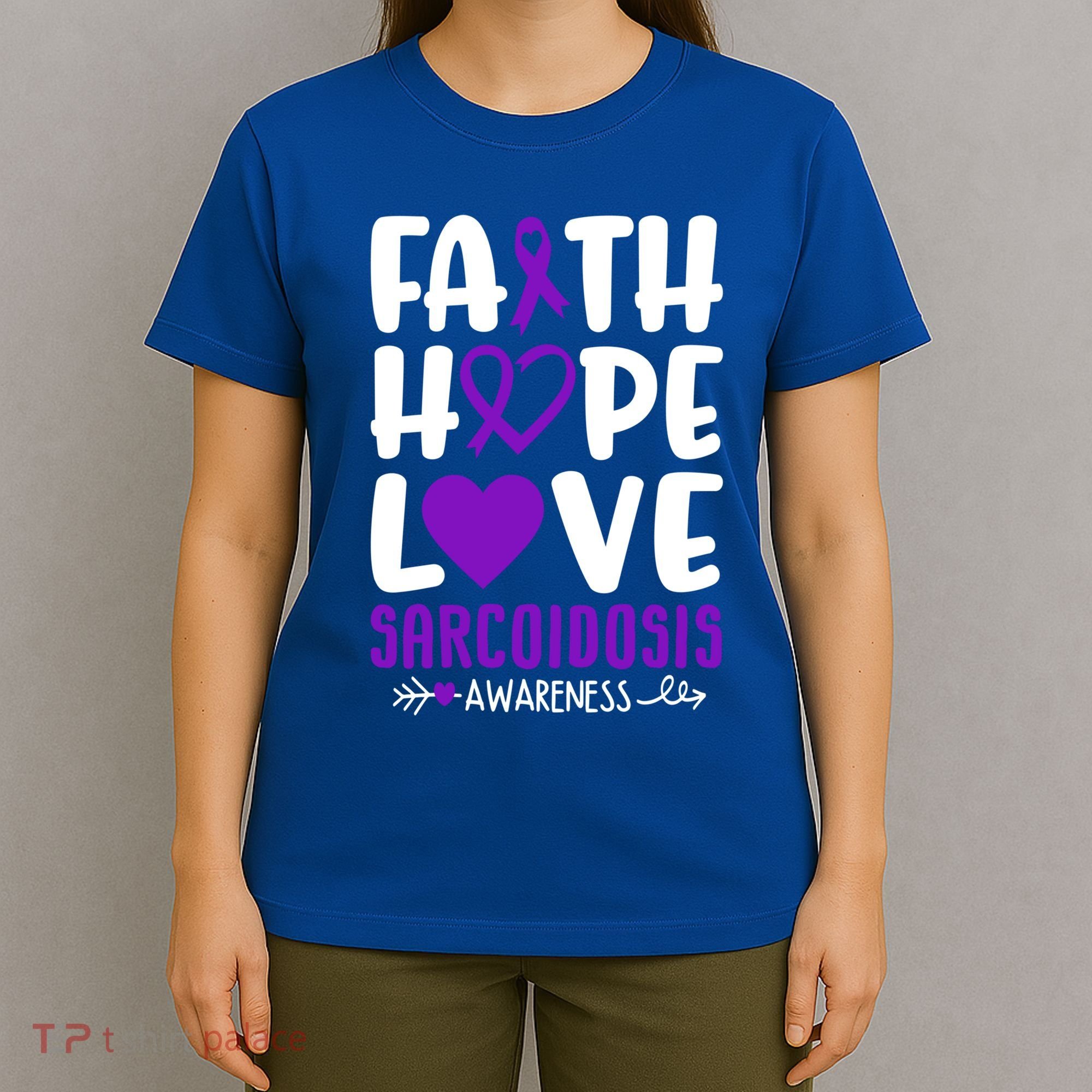 Faith Hope Love Sarcoidosis Awareness Ribbon Heart Purple Gift T-Shirt