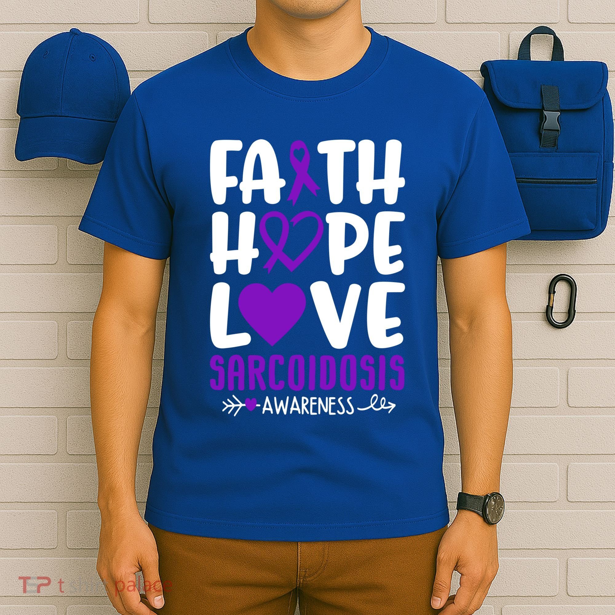 Faith Hope Love Sarcoidosis Awareness Ribbon Heart Purple Gift T-Shirt