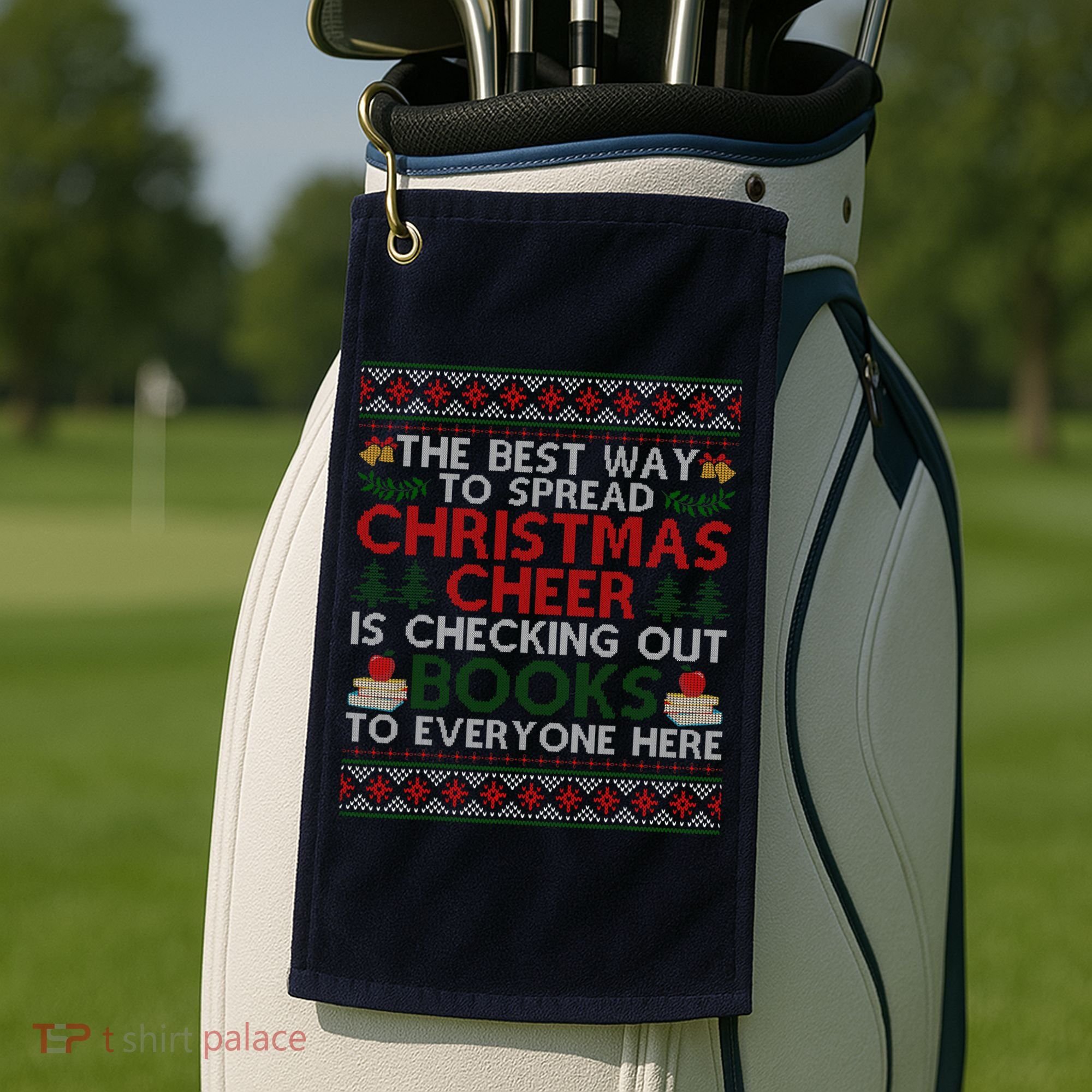 Funny Holiday Librarian Christmas Cheer Ugly Sweater Golf Towel