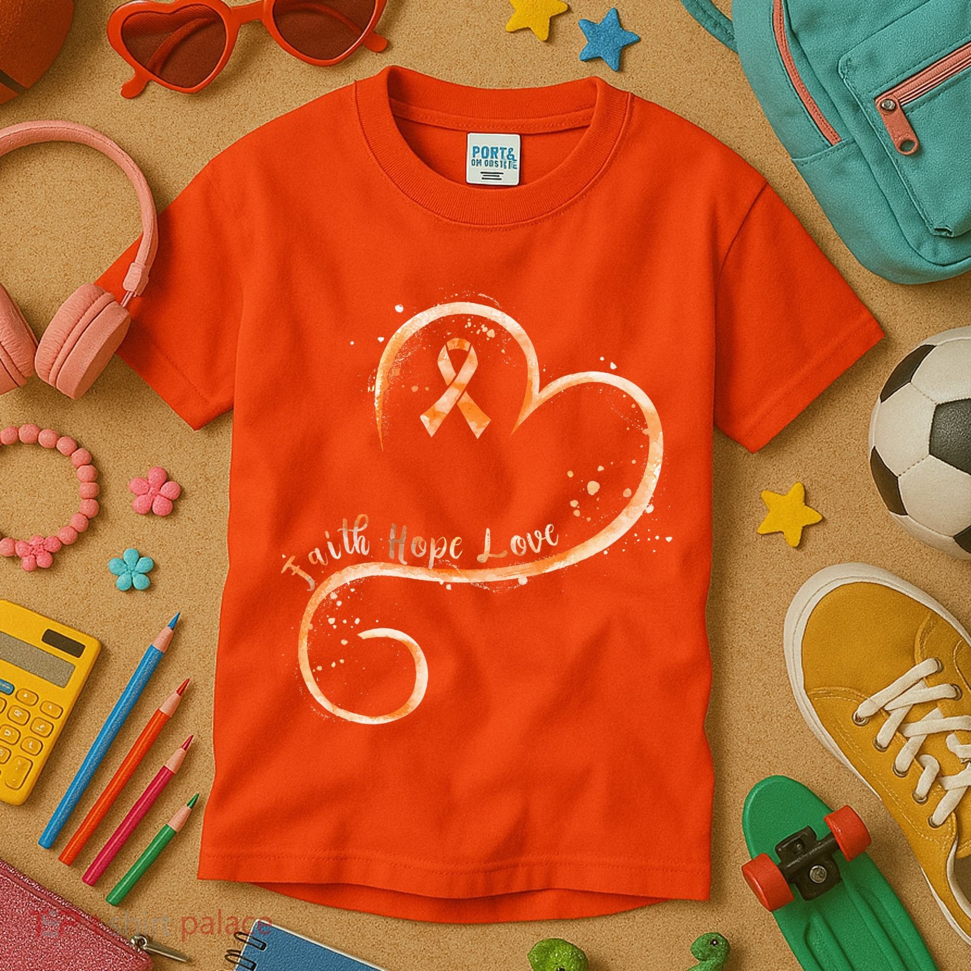 Faith Hope Love Orange Ribbon Leukemia Awareness Kids T-Shirt