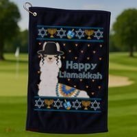 Funny Happy Llamakkah Ugly Hanukkah Sweater Golf Towel thumb 1