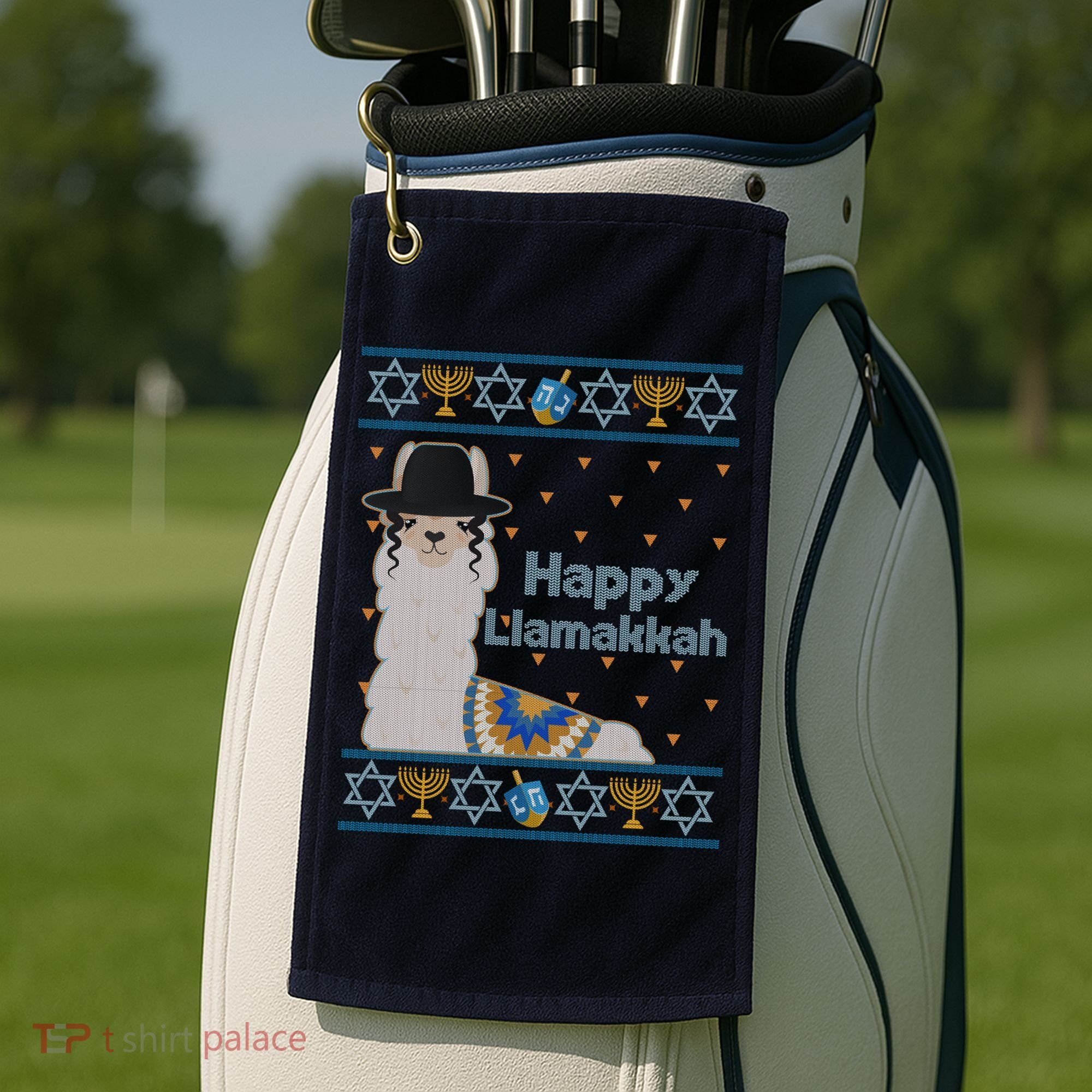 Funny Happy Llamakkah Ugly Hanukkah Sweater Golf Towel