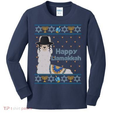 Funny Happy Llamakkah Ugly Hanukkah Sweater Kids Long Sleeve Shirt