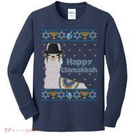 Funny Happy Llamakkah Ugly Hanukkah Sweater Kids Long Sleeve Shirt thumb 0