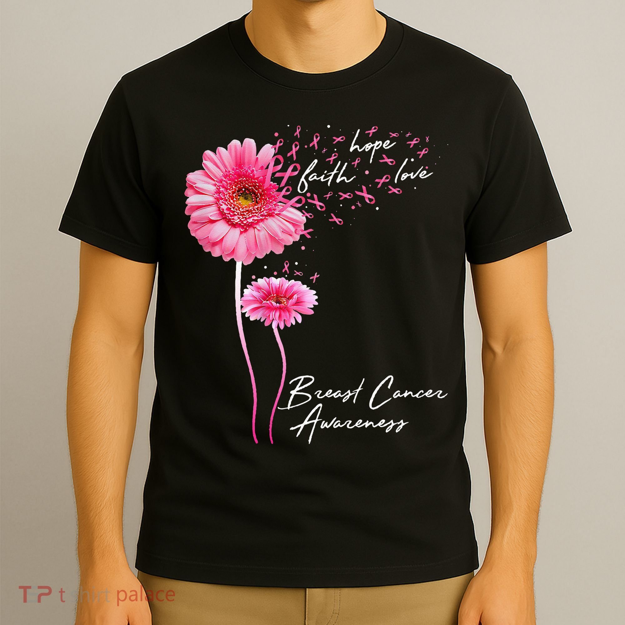 Faith Hope Love Pink Daisy Flower Breast Cancer Awareness T-Shirt
