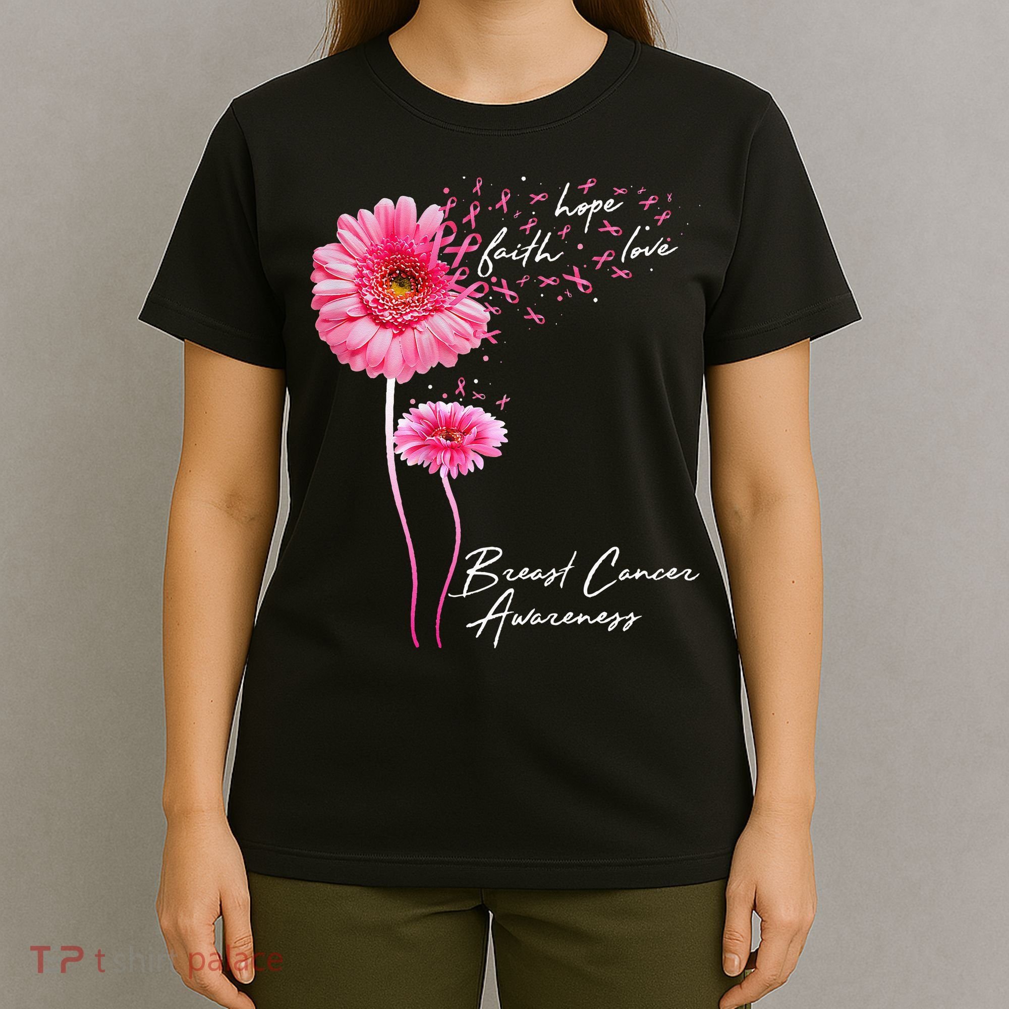 Faith Hope Love Pink Daisy Flower Breast Cancer Awareness T-Shirt